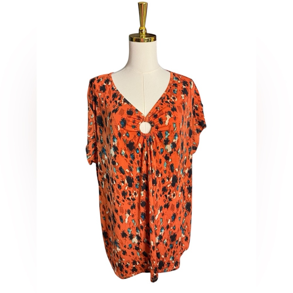 Women’s Orange Printed V-Neck Top with Key Hole Neck Size 22 / 24 Blue Black